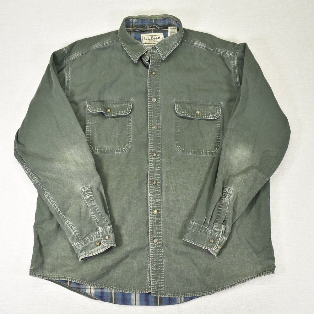Vintage LL Bean Flannel Lined Canvas Shirt Jacket XL Green Canada VTG Shacket